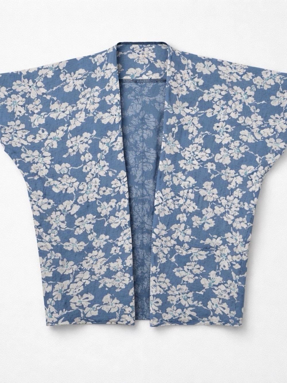 Floral Print Short Kimono Robe - Blue
